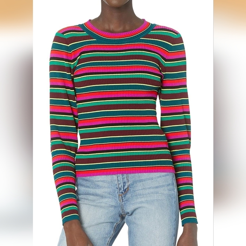 Milly woman’s Multicolor striped puff sleeve ribbed pullover sweater Petite